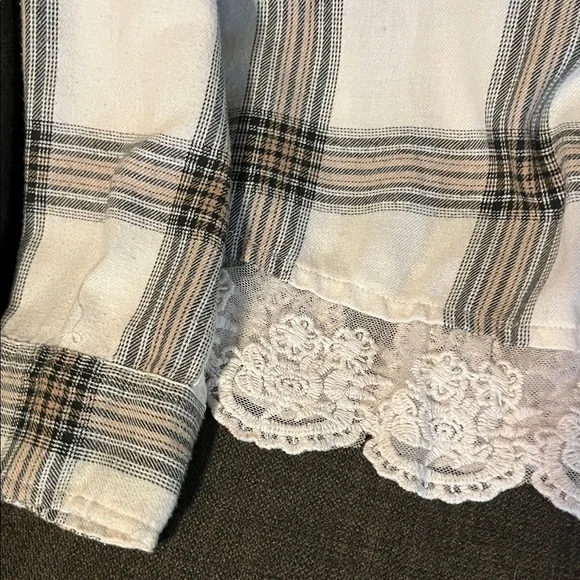 Plaid Button-Up Shirt with Lace Hem - Picture 3 of 5